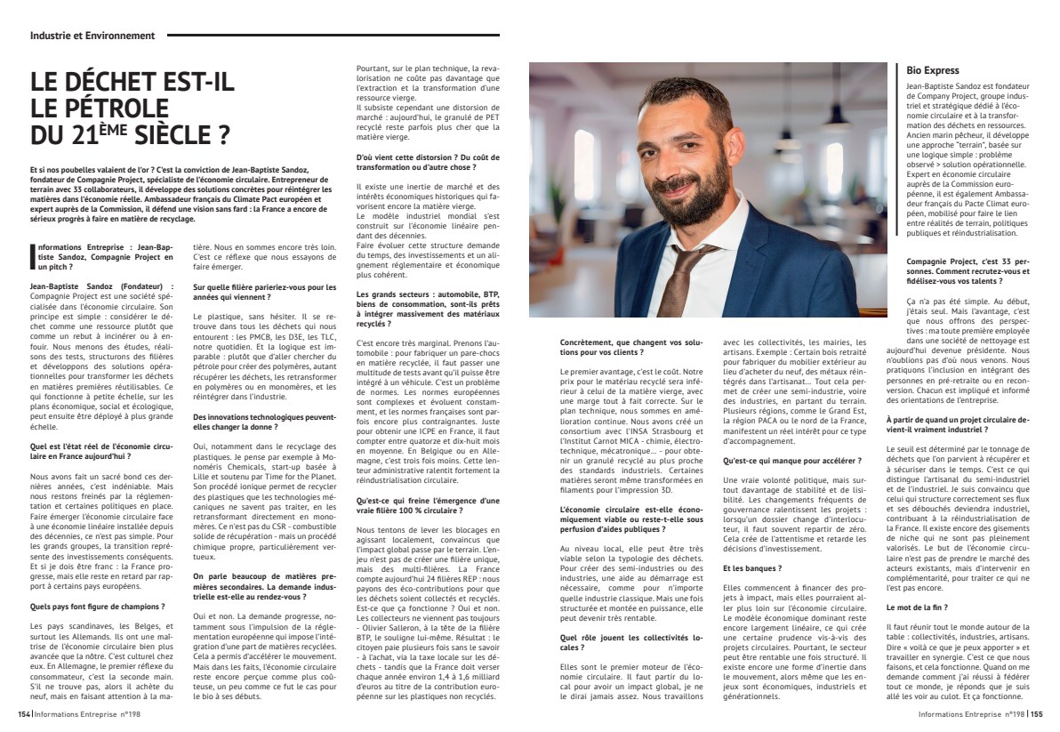 Double page d’Informations Entreprise : Le déchet est-il le pétrole du XXIe siècle ?
